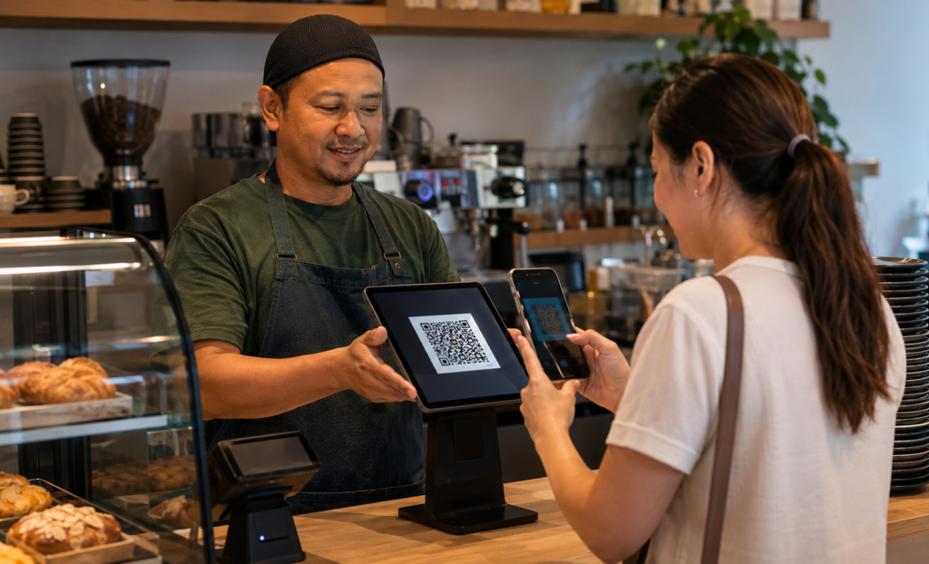 Barista shows his SGQR to let customer pay