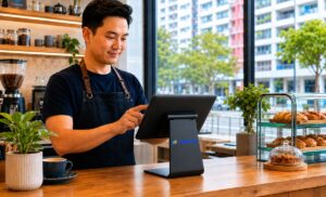 Barista open their tablet to see revenue from his cafe