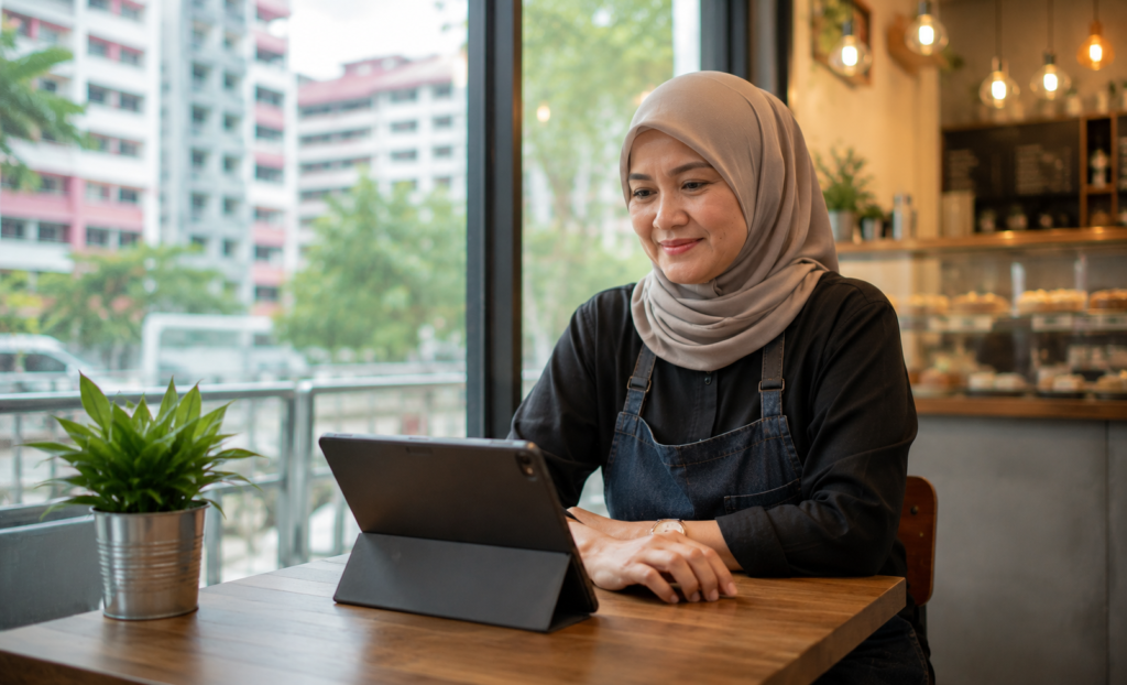 Restaurant owner checks her business report