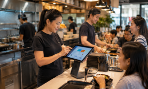 Business owner focus on handling her customer.