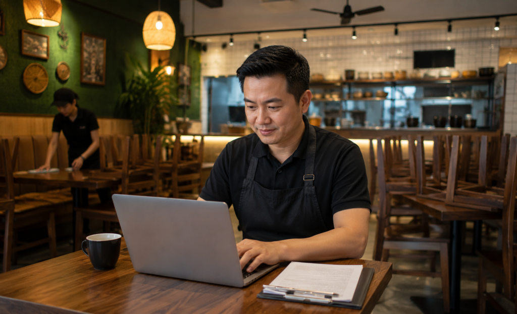 Business owner is checking his restaurant report