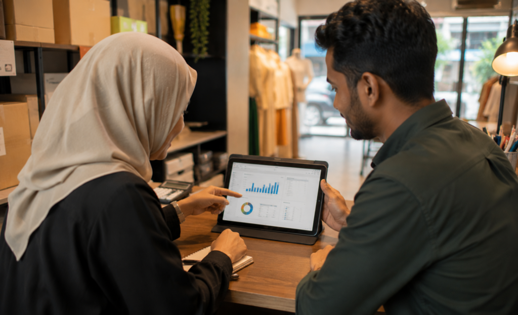 A couple, check their business' report
