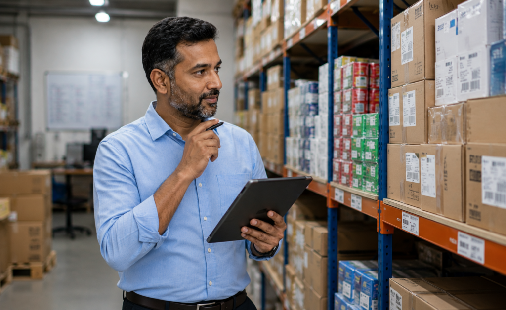 "A high-resolution photoreal photograph of a male Indian wholesale business owner in his early 40s reviewing a dashboard on a tablet while standing inside a clean, organised warehouse in Singapore. Shelving units with neatly stacked inventory are visible in the background. Three-quarter shot at a 45-degree angle, subject within the warehouse environment, shallow depth of field keeping the shelving softly out of focus. The owner holds the tablet with calm focus, expression confident and in-control. Bright ambient warehouse lighting with a clean industrial aesthetic. Premium magazine quality. Photoreal photography, not illustration, not 3D render. Clean, uncluttered scene. Aspect ratio close to 1200x728. No text overlay, no captions, no graphics, no logos. No stressed or melancholic expressions, no negative body language. No fake or distorted hands or text. No stock-photo cliche poses." Alt text: Wholesale business operations with POS Singapore — Labamu
