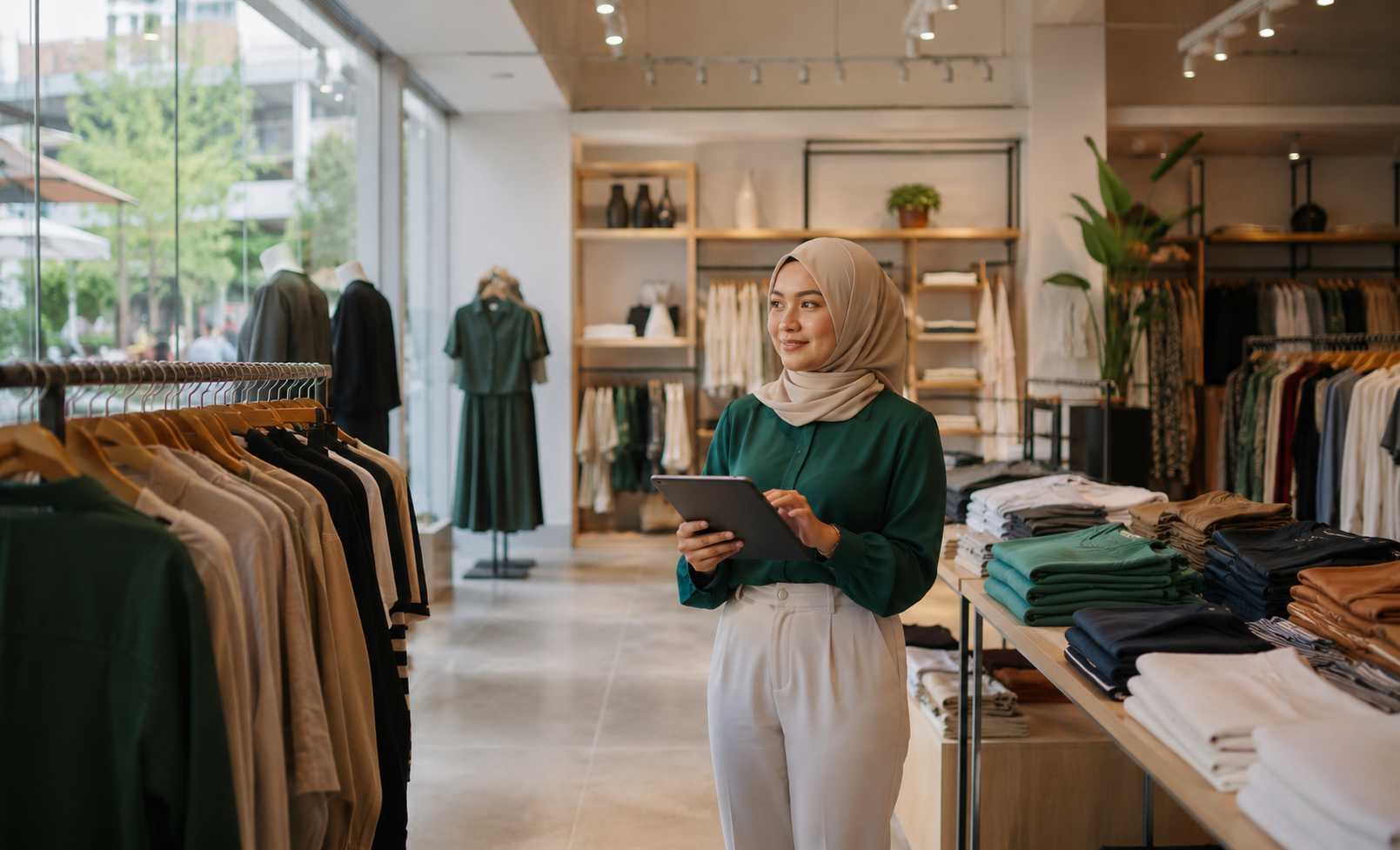 Clothing store owner checking variant inventory on tablet POS in Singapore retail boutique