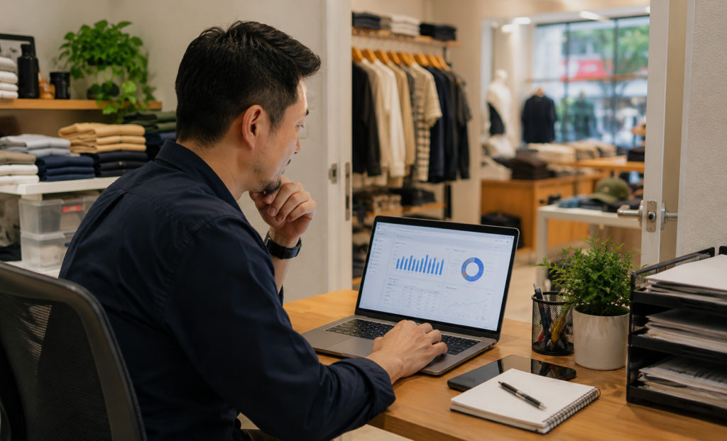 Clothing store manager reviewing POS sales data and inventory reports in Singapore boutique back office