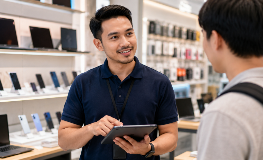 an employee of electronics store meet his customers