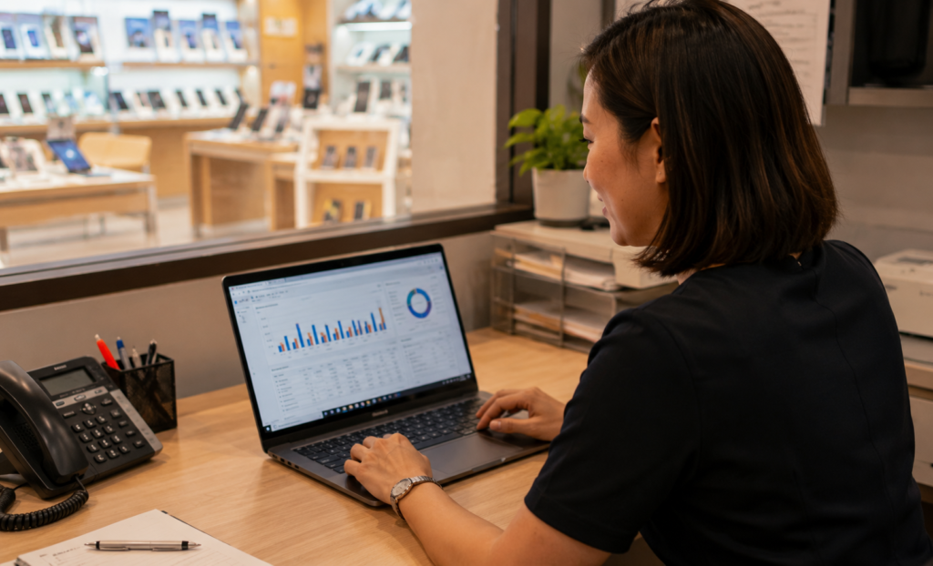 Electronics store owner reviewing multi-outlet POS performance data in Singapore back office