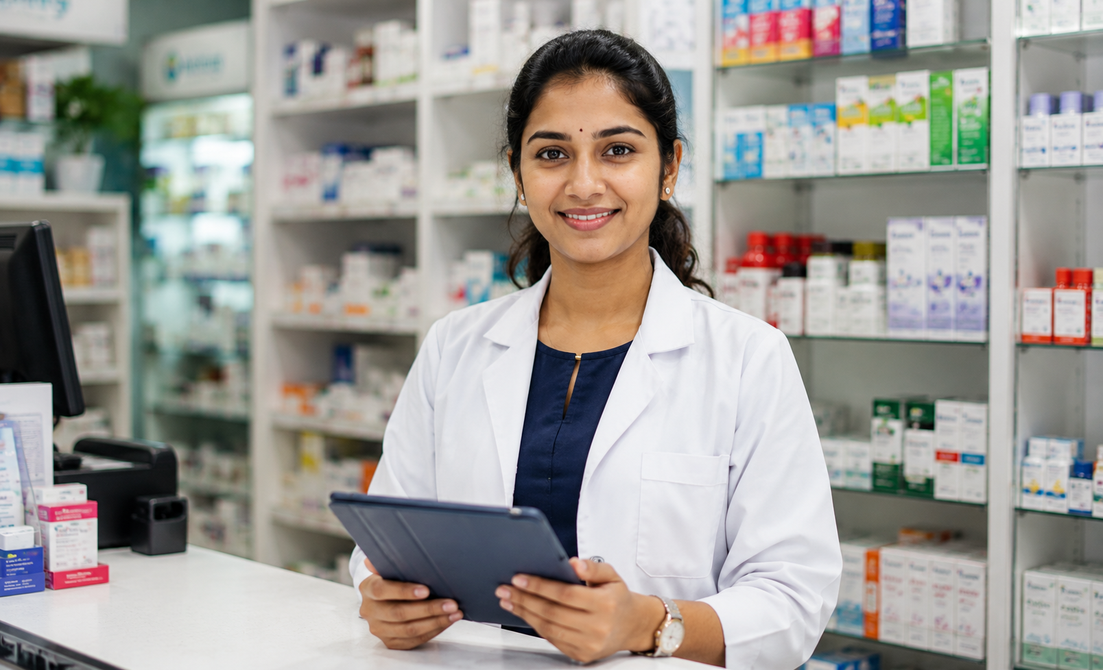 Pharmacist reviewing POS system at independent neighbourhood pharmacy counter in Singapore