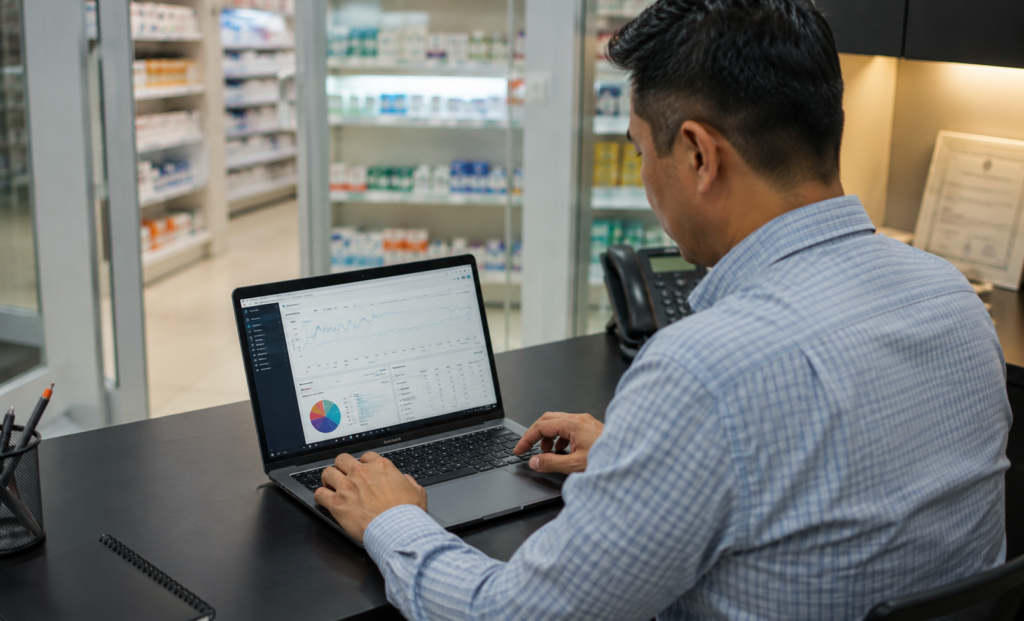 Pharmacy business owner reviewing multi-branch POS performance data from back office in Singapore