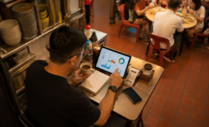 Business owner is checking his restaurant financial report