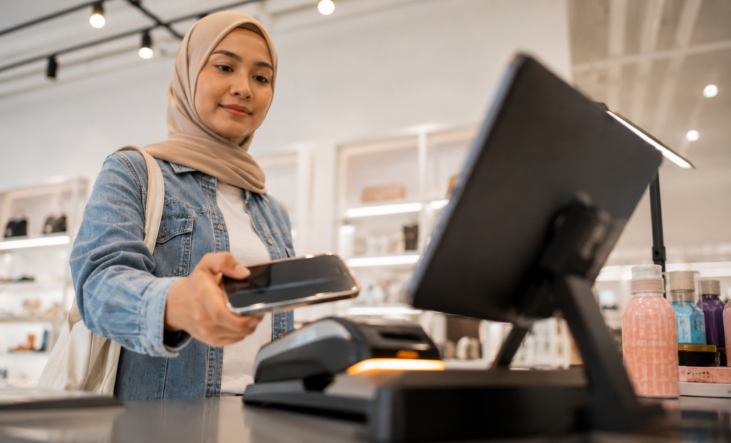 Lady checks her POS to see new features
