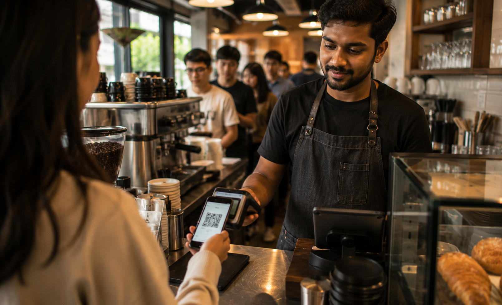 Barista processing takeaway payment at Singapore cafe counter during morning rush