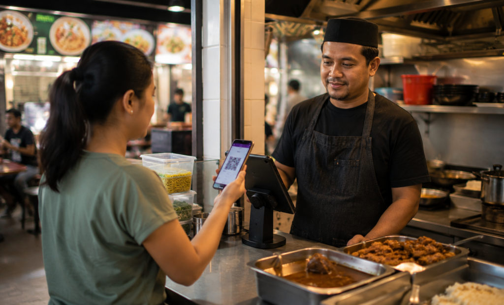 Hawker stall owner accepting QR payment at counter with tablet POS - Labamu Singapore