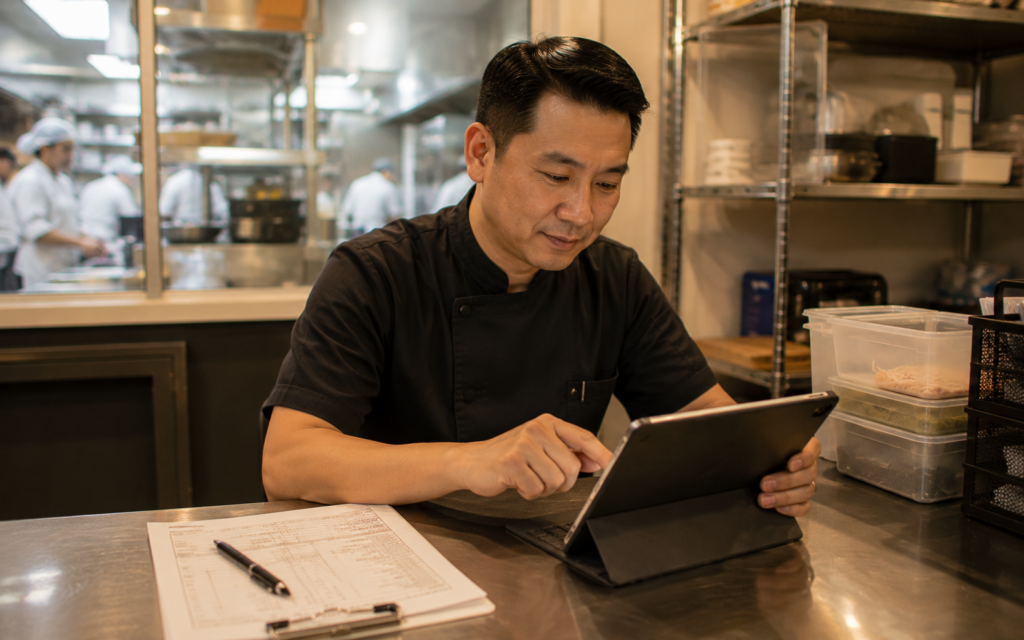 Catering business owner reviewing event order on tablet at back-office workspace - Labamu Singapore