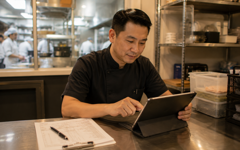 Catering business owner reviewing event order on tablet at back-office workspace - Labamu Singapore