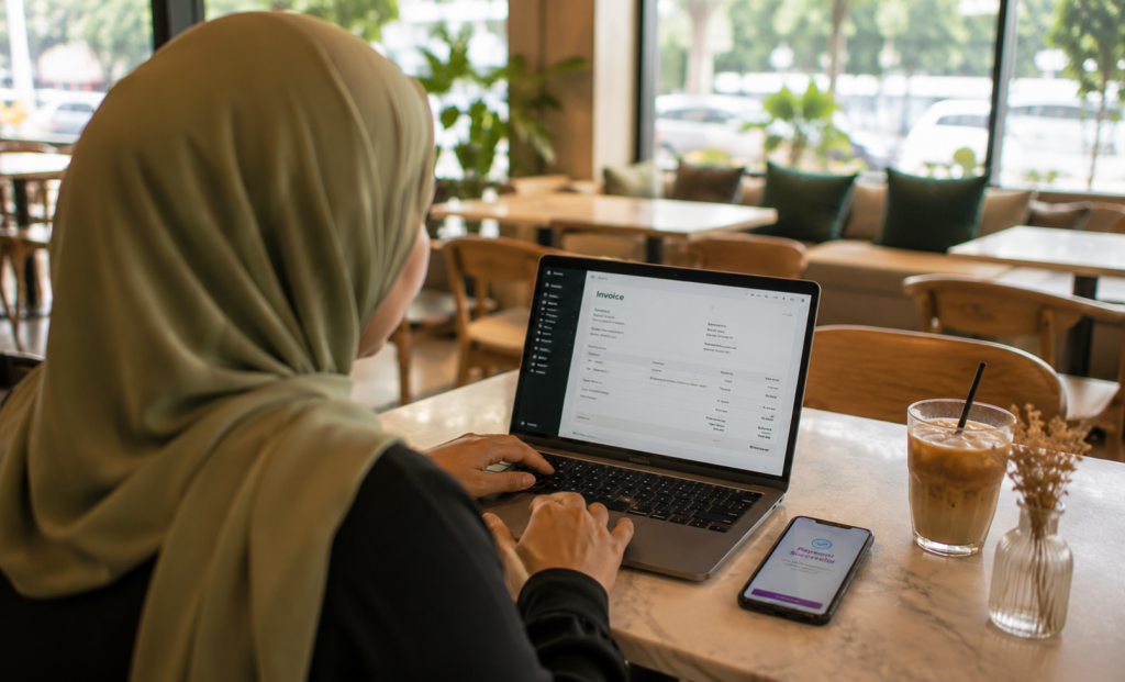 Catering business owner reviewing invoice on laptop after event completion - Labamu Singapore